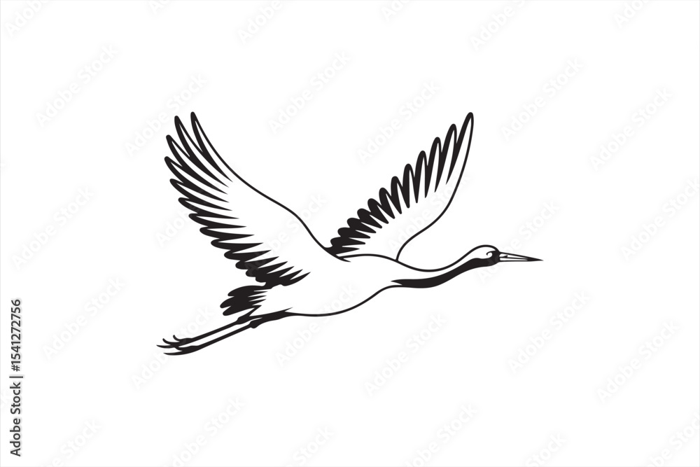 Fototapeta premium Traditional Japanese Crane in Flight – Clean Monochrome Vector Illustration