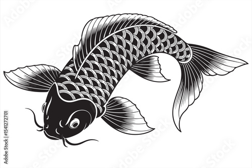 Stylized tropical aquarium fish with elegant sweeping fins in minimalist black and white vector design