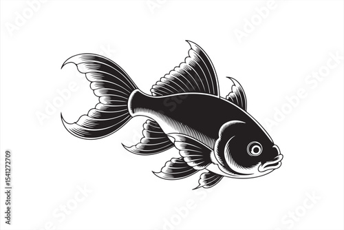 Flowing ornamental goldfish with delicate fins in traditional Japanese black and white tattoo-style vector illustration