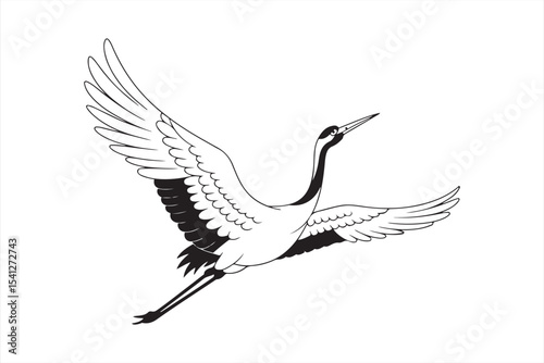 Stylized Japanese Crane Gliding in Clean Black and White Line Art