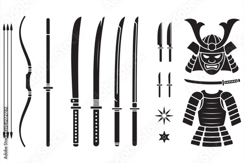 Martial icon collection of Japanese samurai equipment including helmets, blades, bows, and warrior masks in flat vector style
