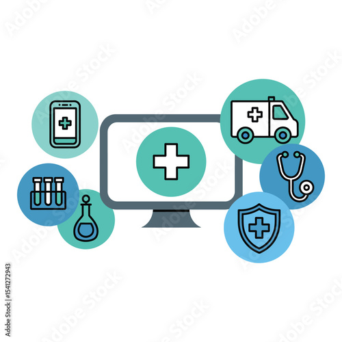 Healthcare icons representing medical services and online health support