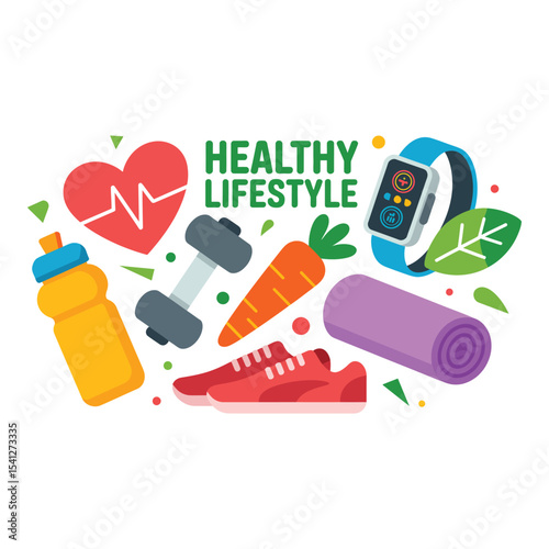 Healthy lifestyle elements including fitness and nutrition icons