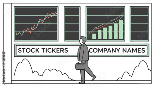 Man walking past a stock ticker display with company names and financial charts showing market trends data