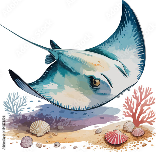 A graceful stingray glides over a sandy seabed adorned with seashells and coral in shallow water.