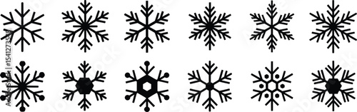 Snowflake Icons Set in Black Silhouettes for Winter and Holiday Design