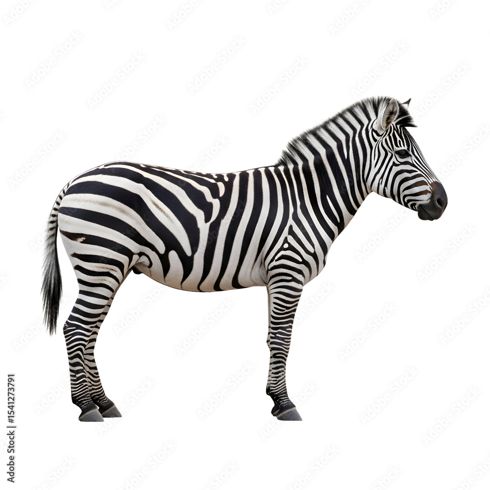Obraz premium Striped zebra standing profile against black background