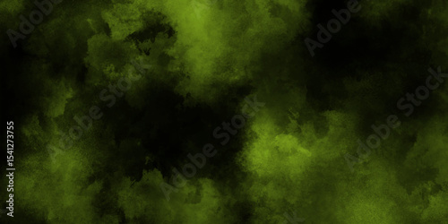 Dark green textured background, panoramic green abstract texture with subtle patterns, green foggy forest scene with light filtering through, green powder dust smoke on a black background.