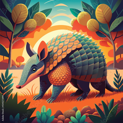 Cute armadillo in a vibrant sunset scene.