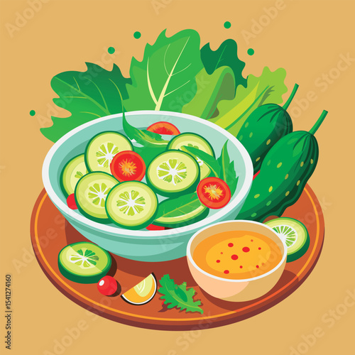 Fresh Cucumber and Tomato Salad with Dressing.