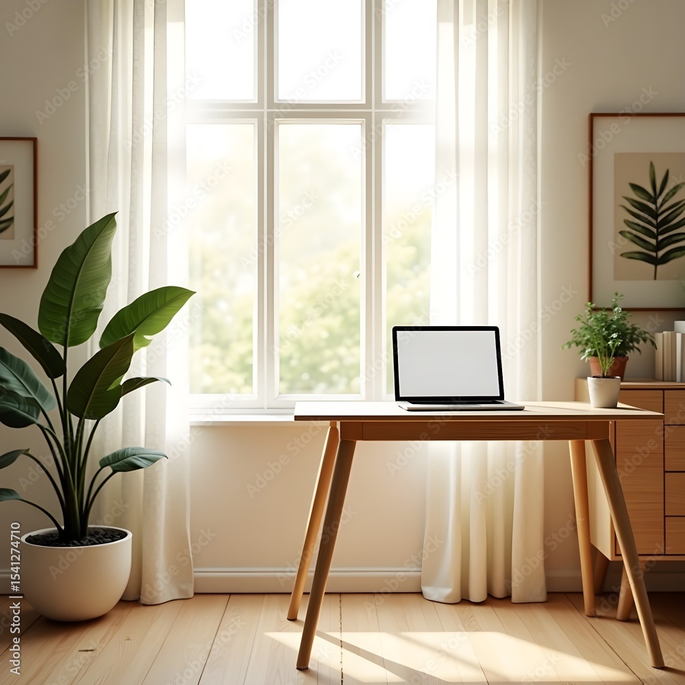 Fototapeta premium Luxury interior with wooden table, chairs, and large window