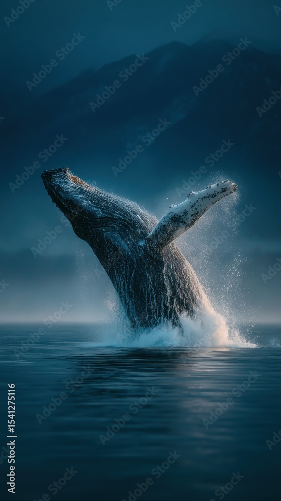 Naklejka premium Humpback Whale Breaching in Calm Waters with Mountainous Background
