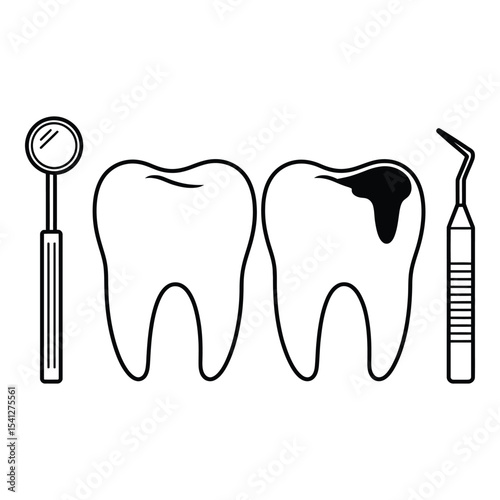 Tooth with cavity and dental tools isolated on white background