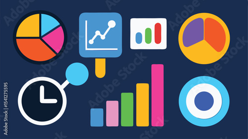 Illustration featuring various colorful data visualization charts and graphs on a dark blue background