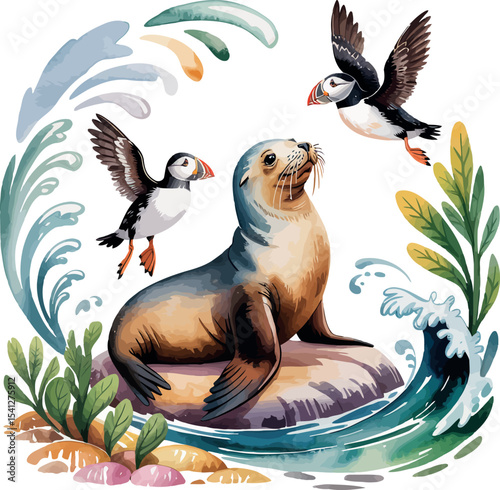 A sea lion sits on a rock in the ocean, observed by two flying puffins, within a circular frame of waves and seaweed. 