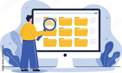 Creative Illustration of a Person Using a Magnifying Glass to Search Files on a Computer Screen flat vector illustration