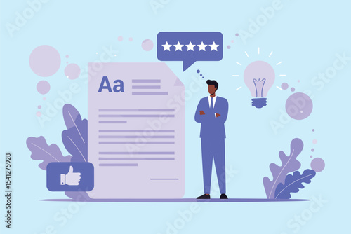 Creative Illustration of a Businessman Evaluating Content with Ratings and Feedback flat vector illustration