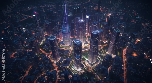 Cityscape at Night High Angle View of Skyscrapers