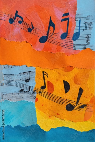 torn papers red and blue overlay a vibrant orange-yellow background with dance shapes, music, film elements.