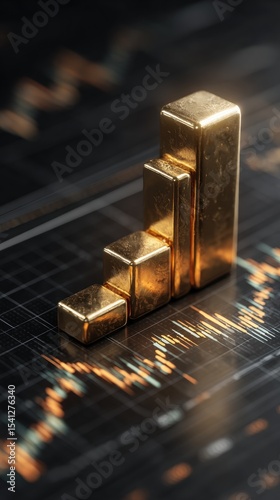 Golden bars arranged in ascending order on a financial chart background