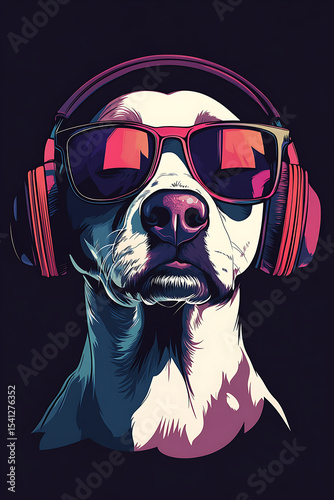 Stylish dog wearing sunglasses and headphones, set against a vibrant, abstract background