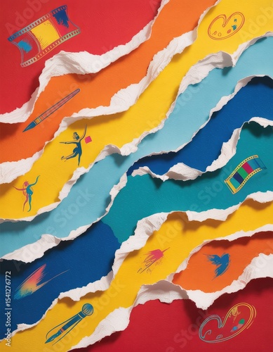 torn papers red and blue overlay a vibrant orange-yellow background with dance shapes, music, film elements.