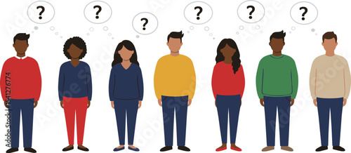 Flat Design Illustration of Diverse Individuals with Question Marks, Symbolizing Uncertainty or Inquiry flat vector illustration