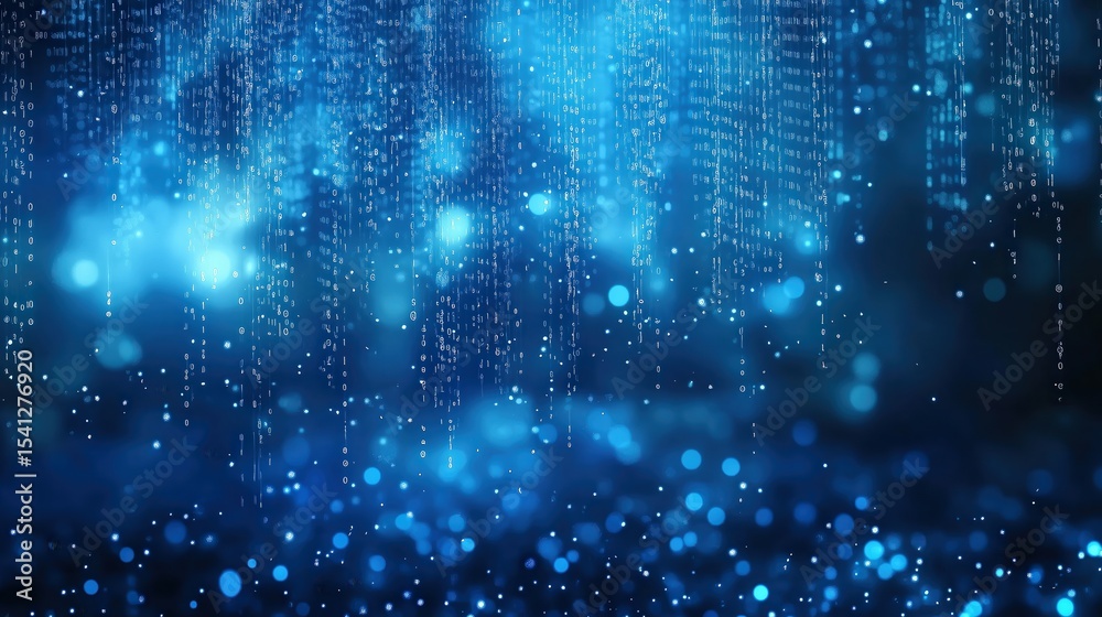 Fototapeta premium Digital Data Rain, Binary Code Waterfall Against a Blue Background, Dazzling Light Particles and Glow Effects Interwoven, High Resolution Wallpaper Showcasing CuttingEdge Technology and Infinite Crea