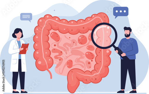 Flat Design Illustration of Doctors Examining the Digestive System with a Magnifying Glass flat vector illustration