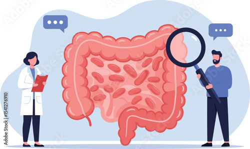 Flat Design Illustration of Doctors Examining the Digestive System with a Magnifying Glass flat vector illustration