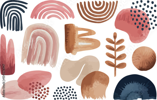  shows a collection of abstract watercolor organic shapes in warm tones of pink, blue, and brown. 