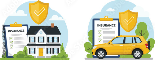 Flat Design Illustration of Home and Car Insurance Protection with Shield Symbols flat vector illustration