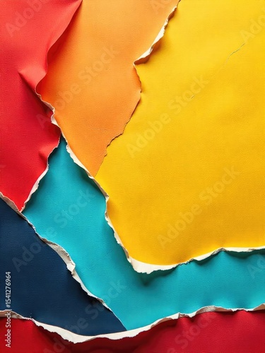 torn papers red and blue overlay a vibrant orange-yellow background with dance shapes, music, film elements.