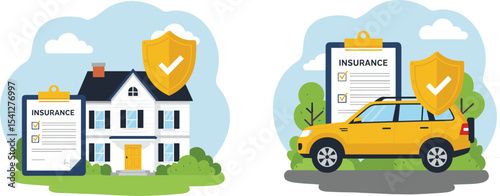 Flat Design Illustration of Home and Car Insurance Protection with Shield Symbols flat vector illustration