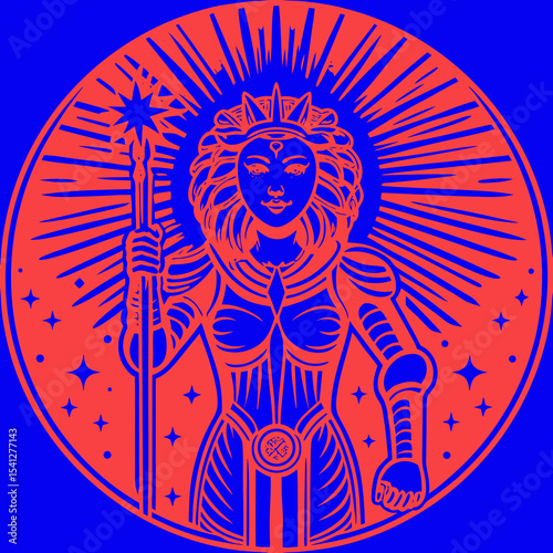 A striking digital illustration of a woman embodying Leo, glowing in golden, fiery hues. She wears a futuristic, regal armor with metallic textures, resembling a cosmic lioness. A neon lion mane-like 