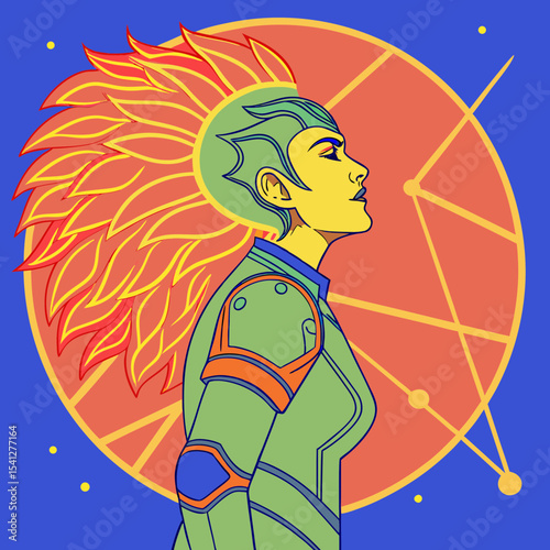 A striking digital illustration of a woman embodying Leo, glowing in golden, fiery hues. She wears a futuristic, regal armor with metallic textures, resembling a cosmic lioness. A neon lion mane-like 