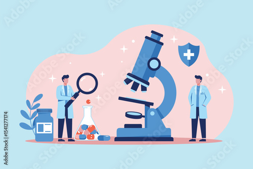 Flat Design Illustration of Scientists Conducting Medical Research with a Microscope and Magnifying Glass flat vector illustration