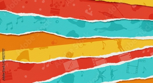 torn papers red and blue overlay a vibrant orange-yellow background with dance shapes, music, film elements.