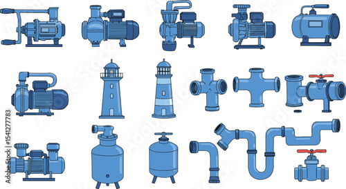 Flat Design Illustration of Various Plumbing and Industrial Equipment Components flat vector illustration