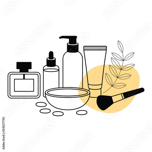 Cosmetic products isolated on white background in a line art style