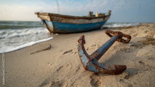 Coastal scene featuring an anchor resting on the beach, used for securing boats ashore