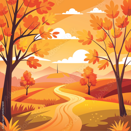Autumnal path through golden hills.