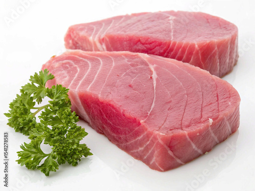 Healthy and fresh seafood: two portions of red tuna garnished with green parsley.