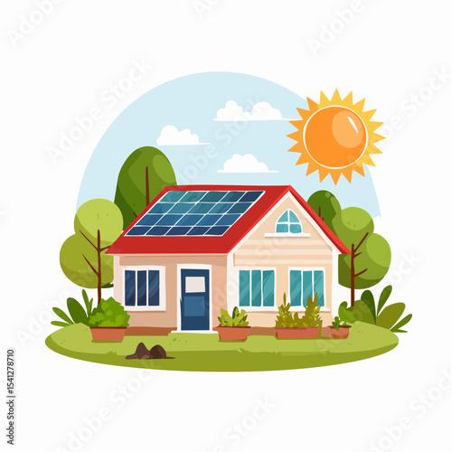 Illustration depicts a house with solar panels, surrounded by nature, under a bright sun.