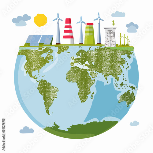 Illustration of the Earth with green landmasses and renewable energy sources like solar panels and wind turbines.