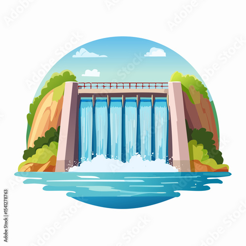 A dam with water flowing over it, surrounded by greenery, under a blue sky with clouds.