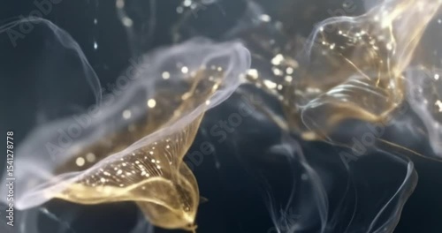 Blue jellyfish float transparently in the deep, dark, abstract ocean water, creating a stunning marine pattern of aquatic life