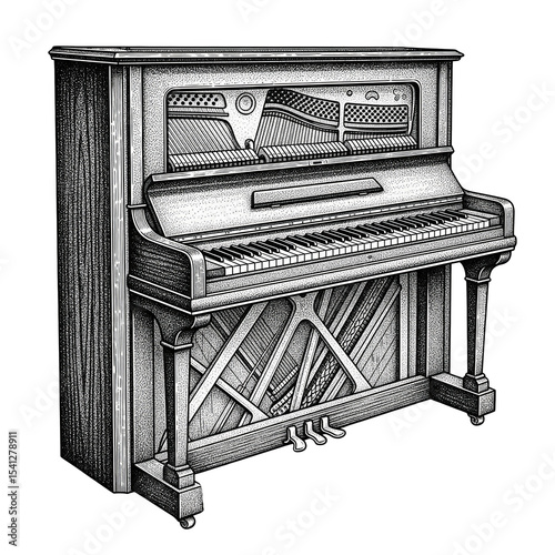Detailed Stipple Engraving of an Antique Upright Piano with Visible Internal Mechanisms and Pedals isolated on a transparent background photo