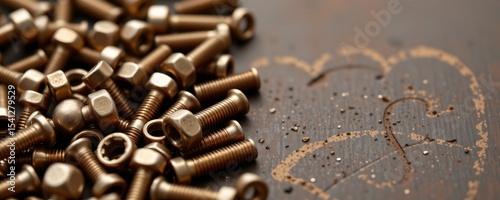 create a captivating image featuring a close up of scattered bolts and nuts in bronze tones, position your subject on the left side of the frame