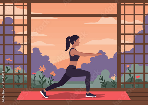 Woman performing a gymnastics exercise on an outdoor terrace at sunrise. Fitness and wellness for health and recreation.